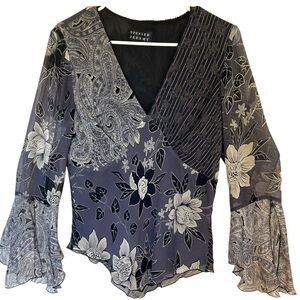 Spenser Jeremy Y2K Blue and Black Asymmetrical Bell Sleeve Blouse Vintage